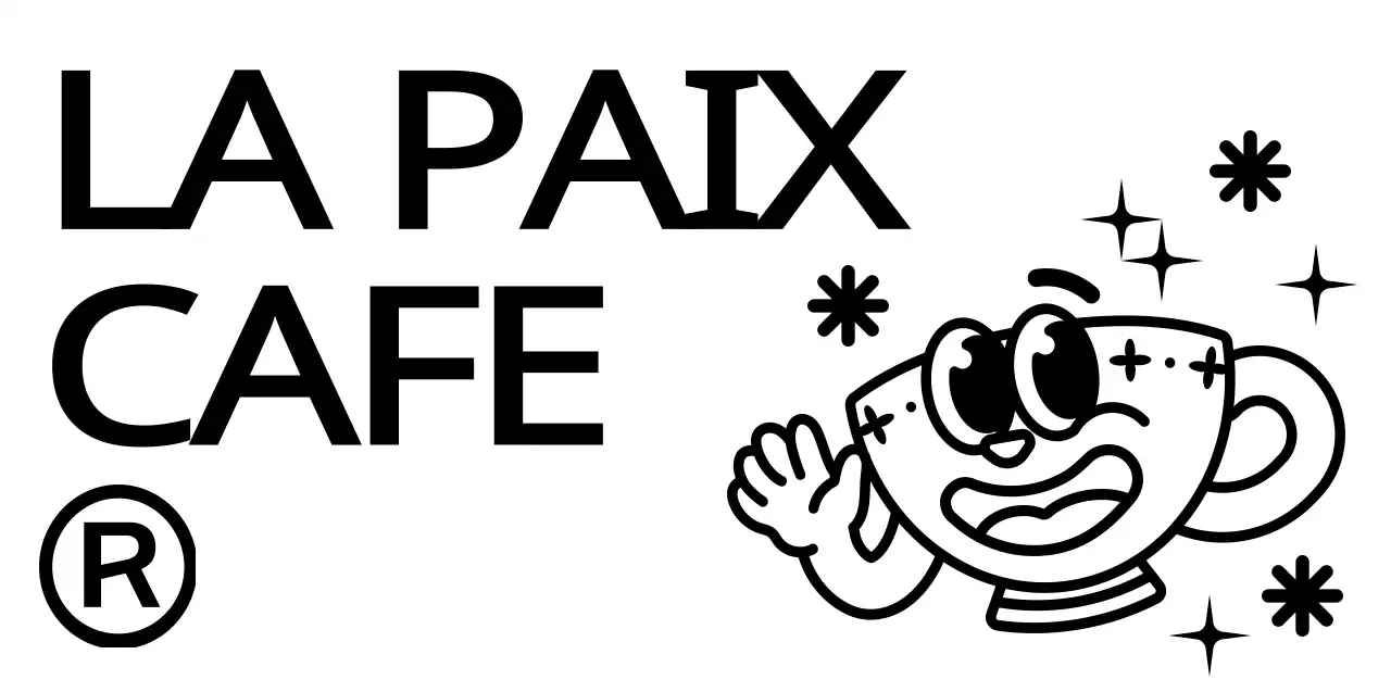 Combinaison de caractères et de textes en noir et blanc pour une tasse à café mignonne et branchée Logo pour la promotion d'un café et la promotion d'une entreprise.