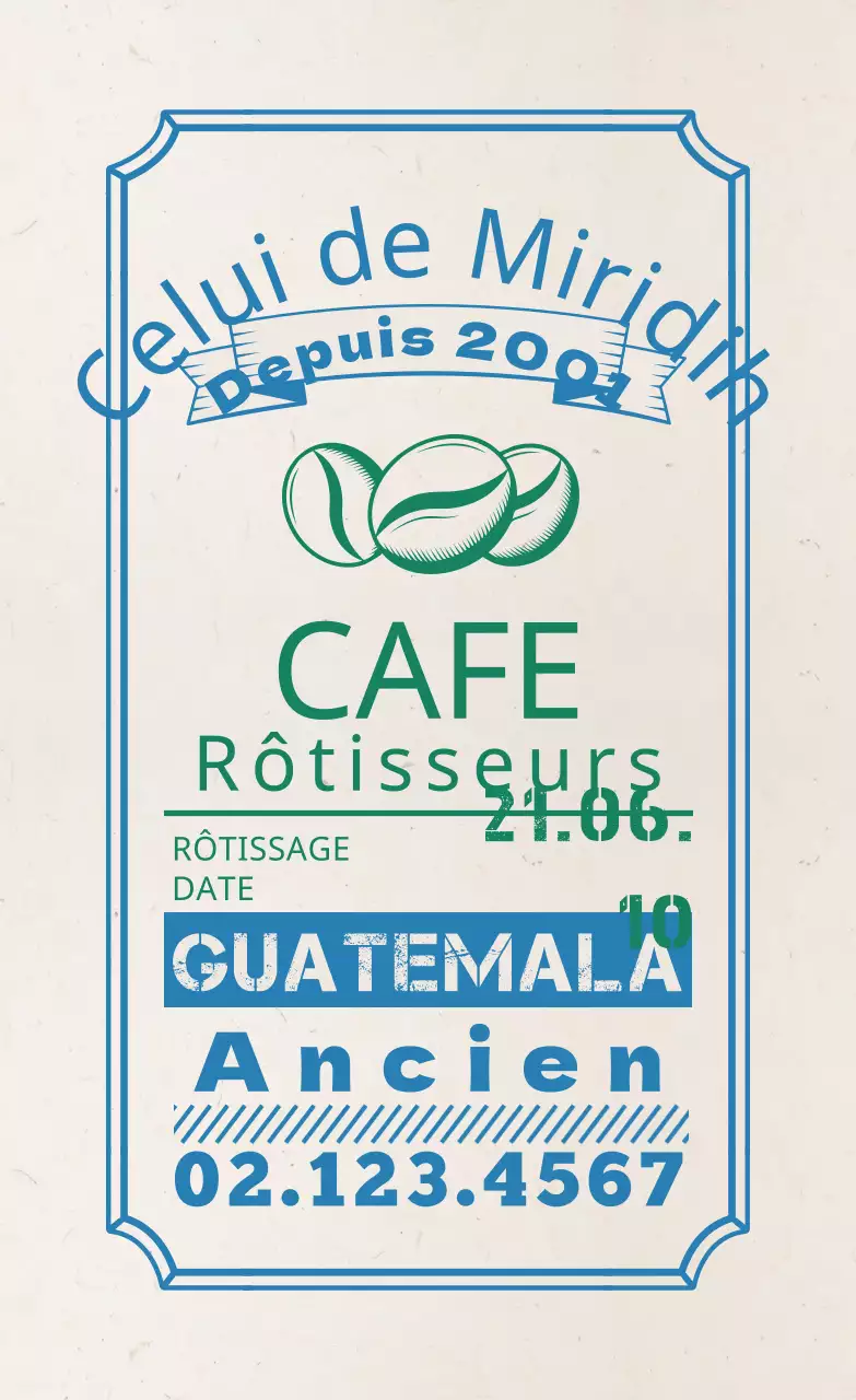 Étiquettes de grains de café avec un design typographique bleu