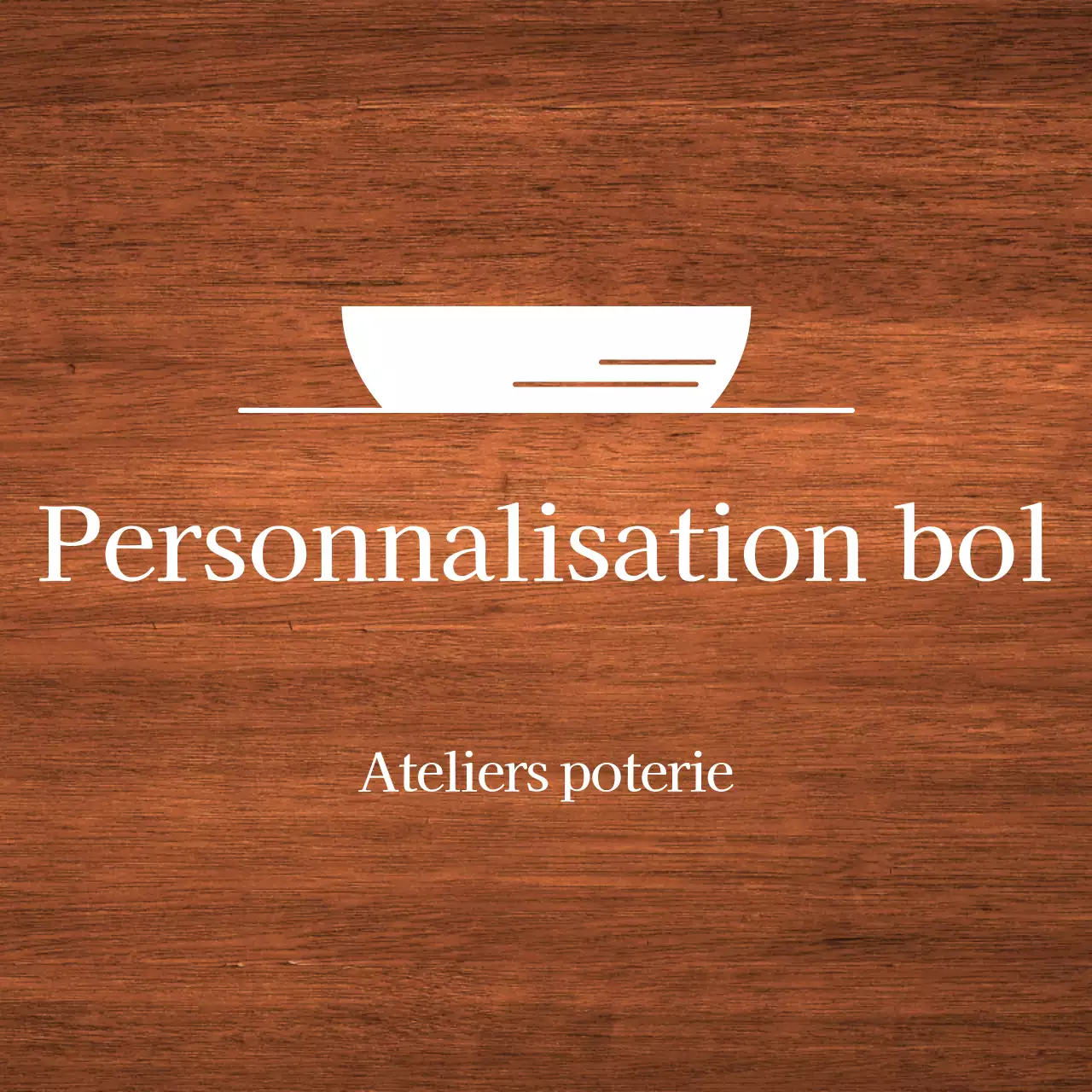 Un panneau d'atelier simple avec un texte blanc et une illustration de bol.
