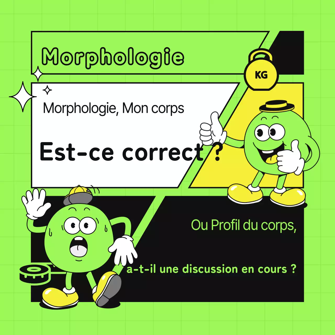 Discuter des avantages et des inconvénients des profils corporels des jeunes en vert citron fluorescent et en noir.