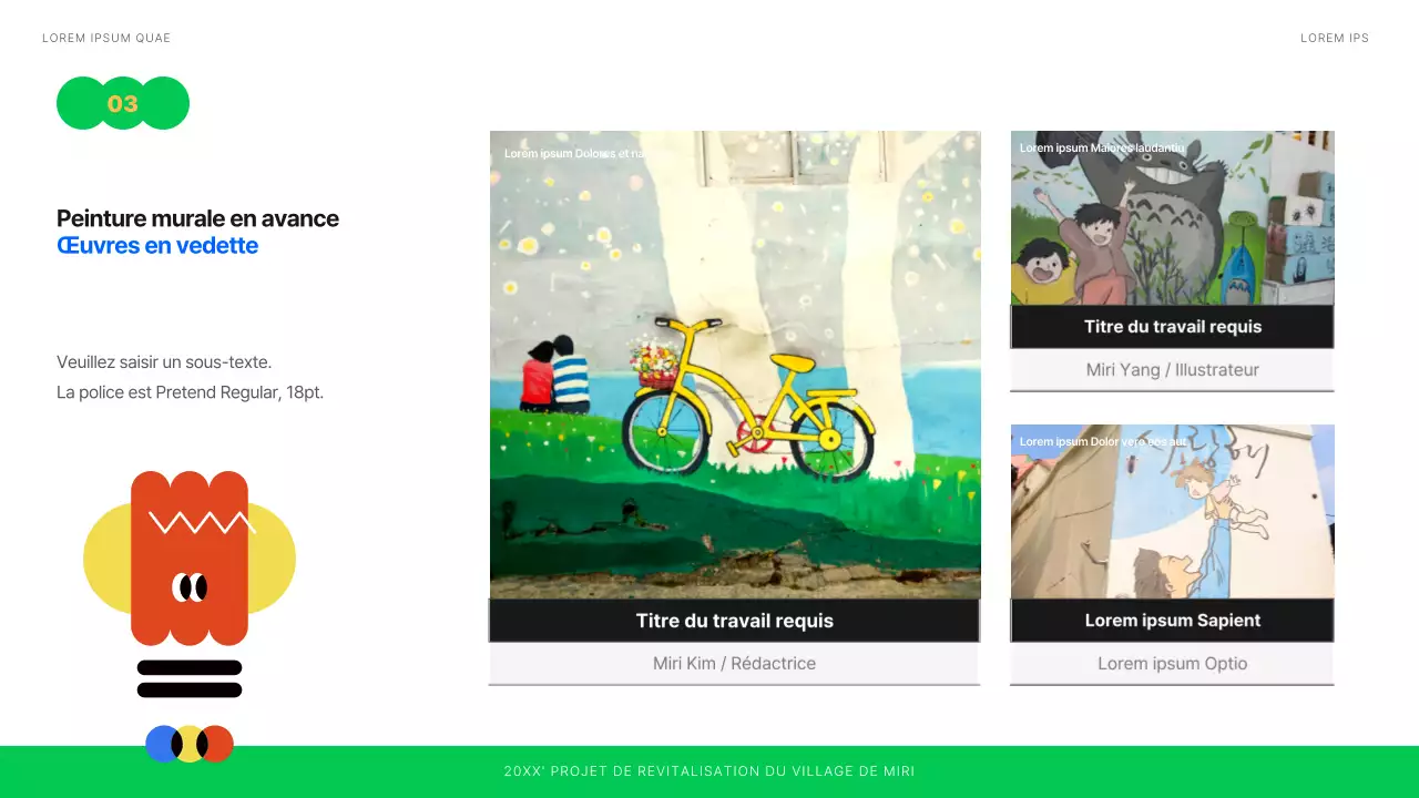 Planification d'une exposition de peintures murales illustrées en blanc, bleu et vert