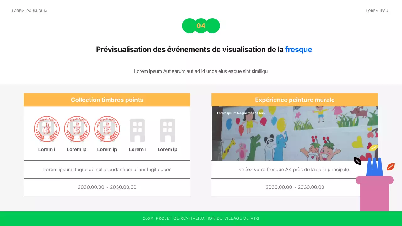 Planification d'une exposition de peintures murales illustrées en blanc, bleu et vert