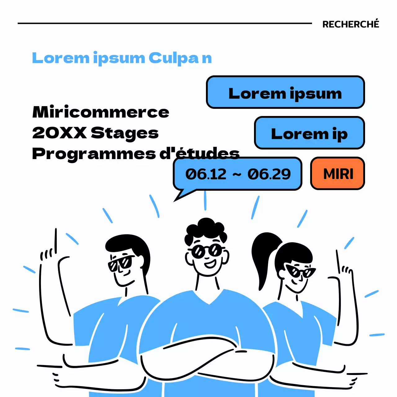 Recrutement de stagiaires avec illustrations en bleu clair et noir