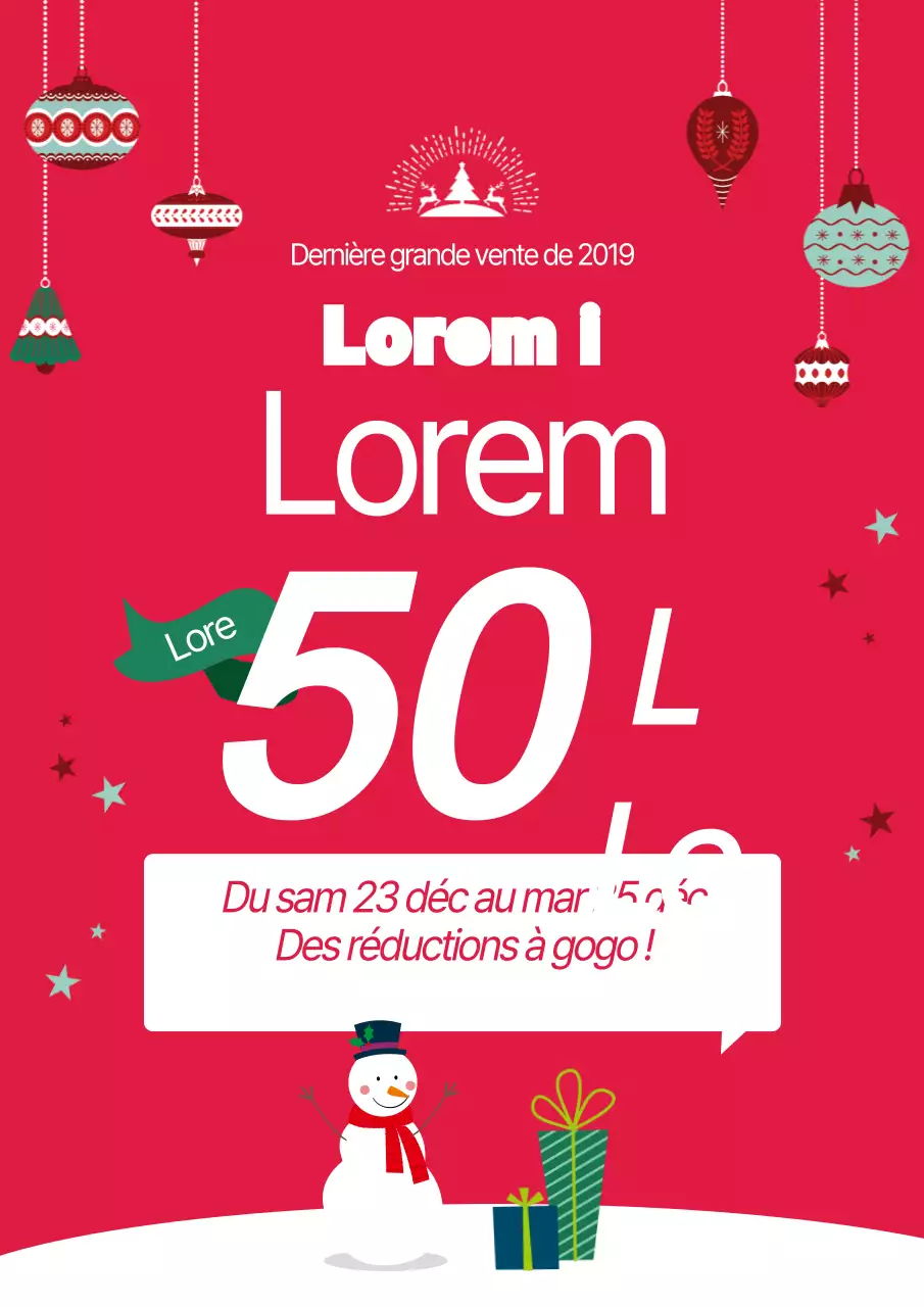 Promouvoir une grande vente avec l'illustration d'un bonhomme de neige rouge et d'ornements de sapin.