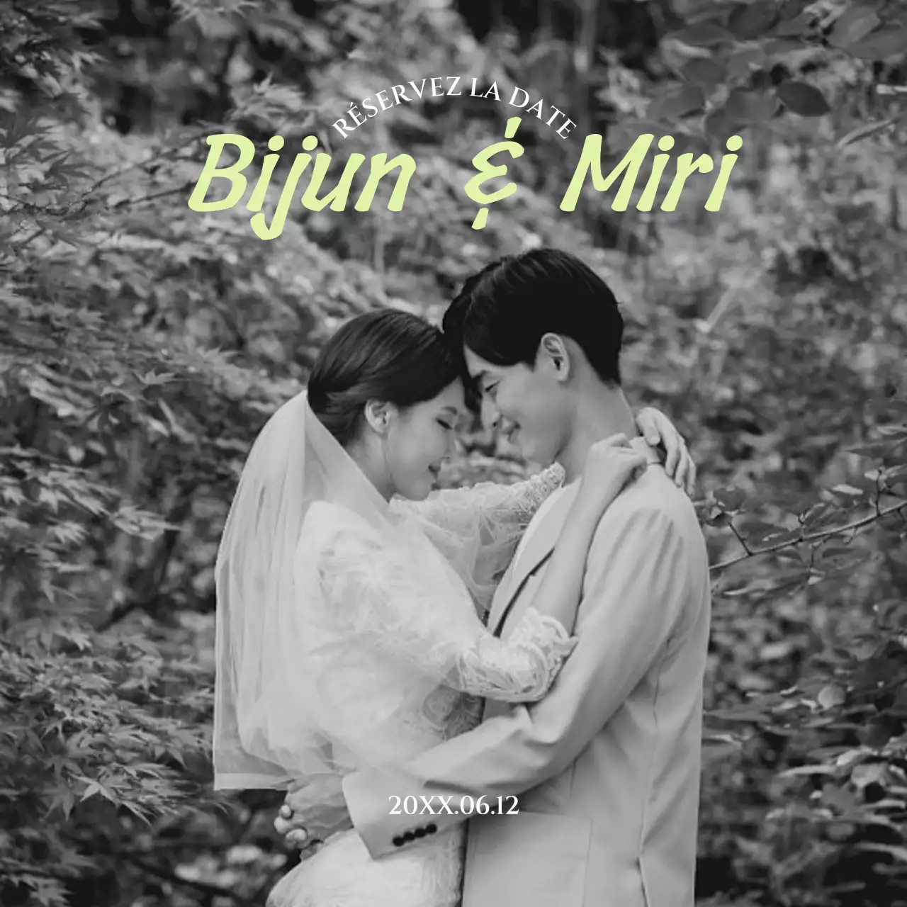 Invitation de mariage en noir et blanc avec des accents verts