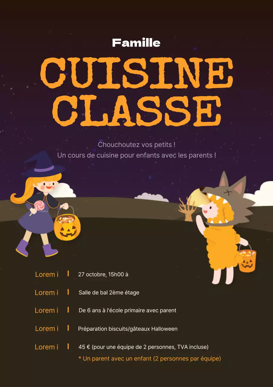 Promouvoir un cours de cuisine avec des biscuits violets d'Halloween et des personnages d'enfants