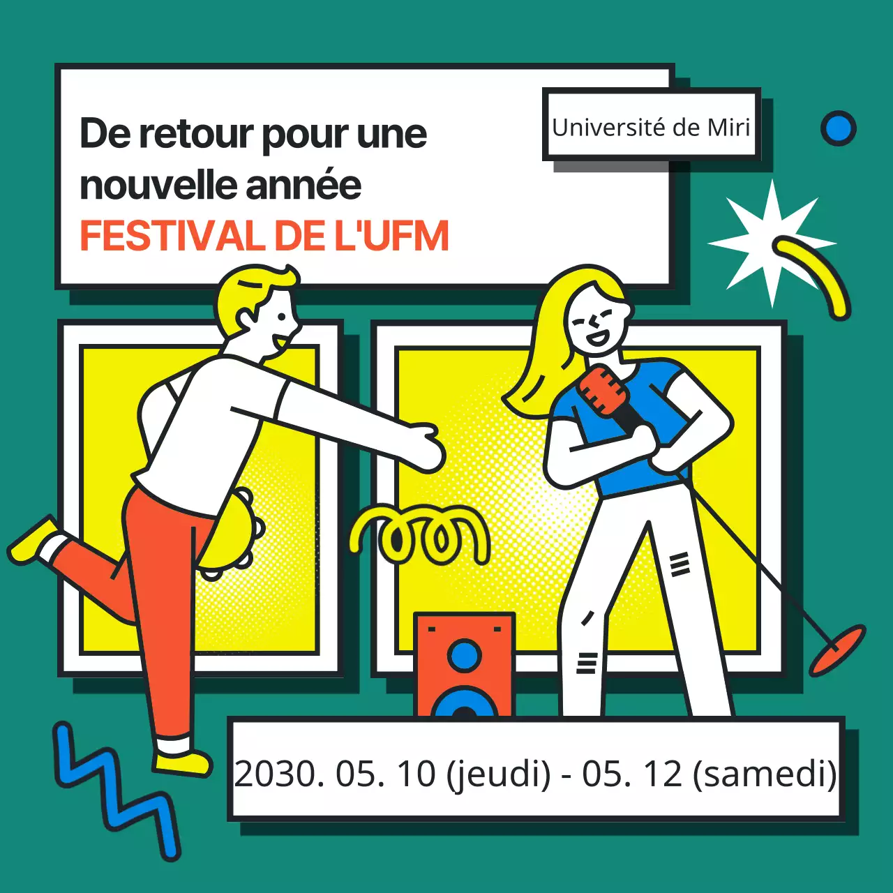 Illustration colorée de style pop art pour promouvoir un festival universitaire
