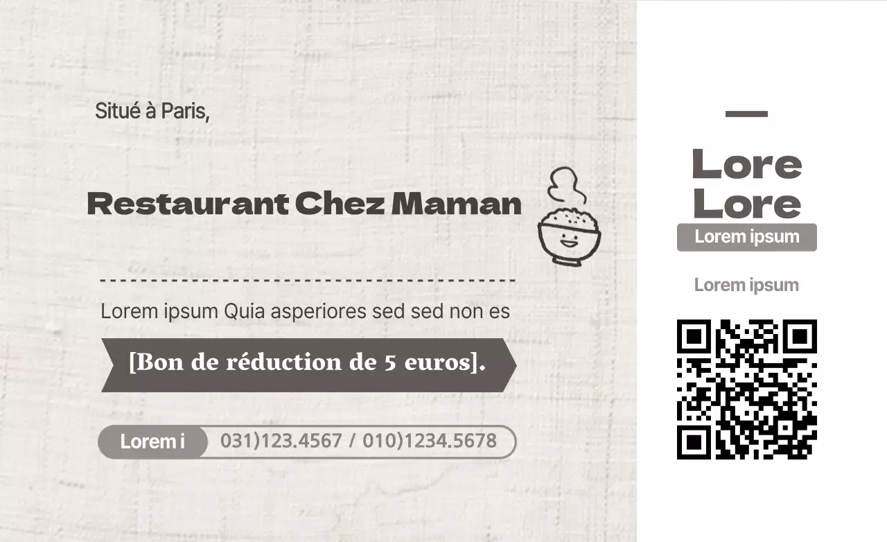 Concept de coupon de réduction simple et épuré, en marron et blanc, pour la promotion et l'information sur les restaurants.