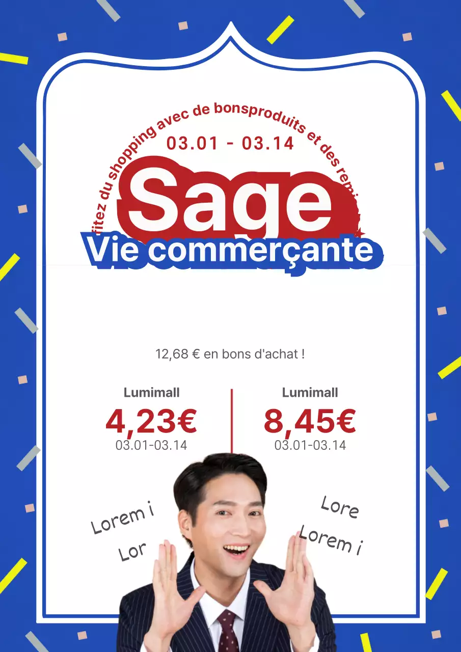Flyer promotionnel pour une vente dans un centre commercial en bleu et blanc