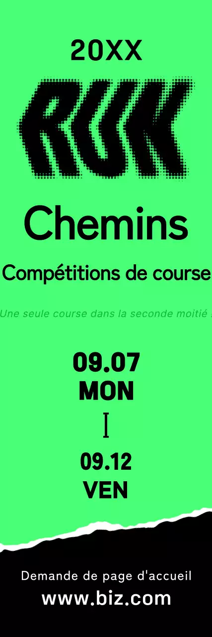 Une bannière promotionnelle audacieuse pour le marathon, avec un texte et des illustrations vertes, noires et blanches sur la course.