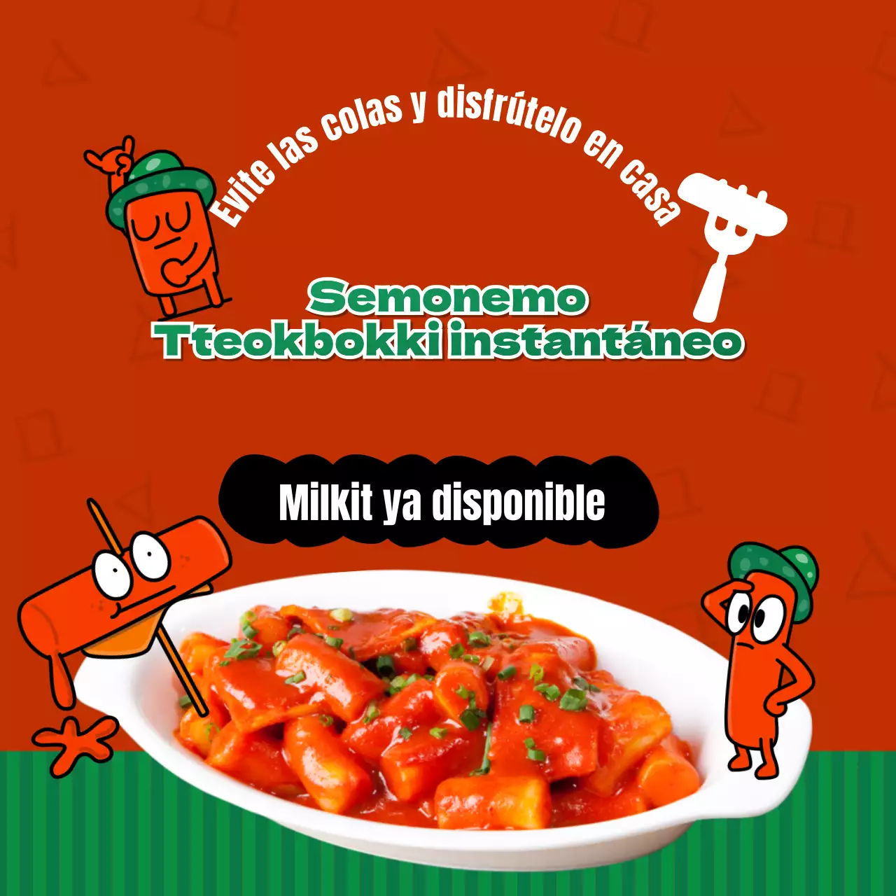 Promoción del lanzamiento de un bonito kit de comida instantánea tteokbokki rojo y verde.
