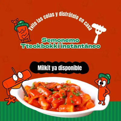 Promoción del lanzamiento de un bonito kit de comida instantánea tteokbokki rojo y verde.