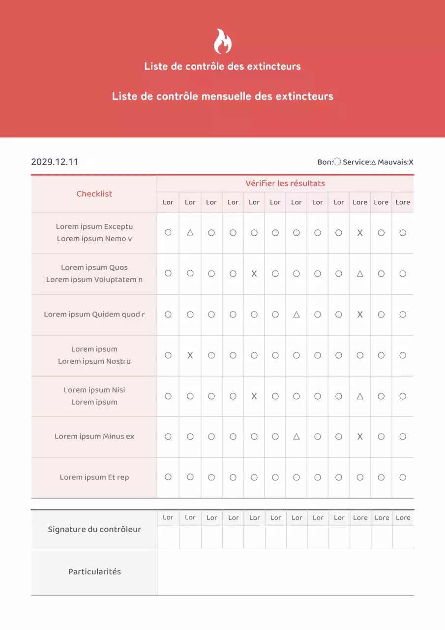 Liste de contrôle mensuelle des extincteurs en rouge et blanc