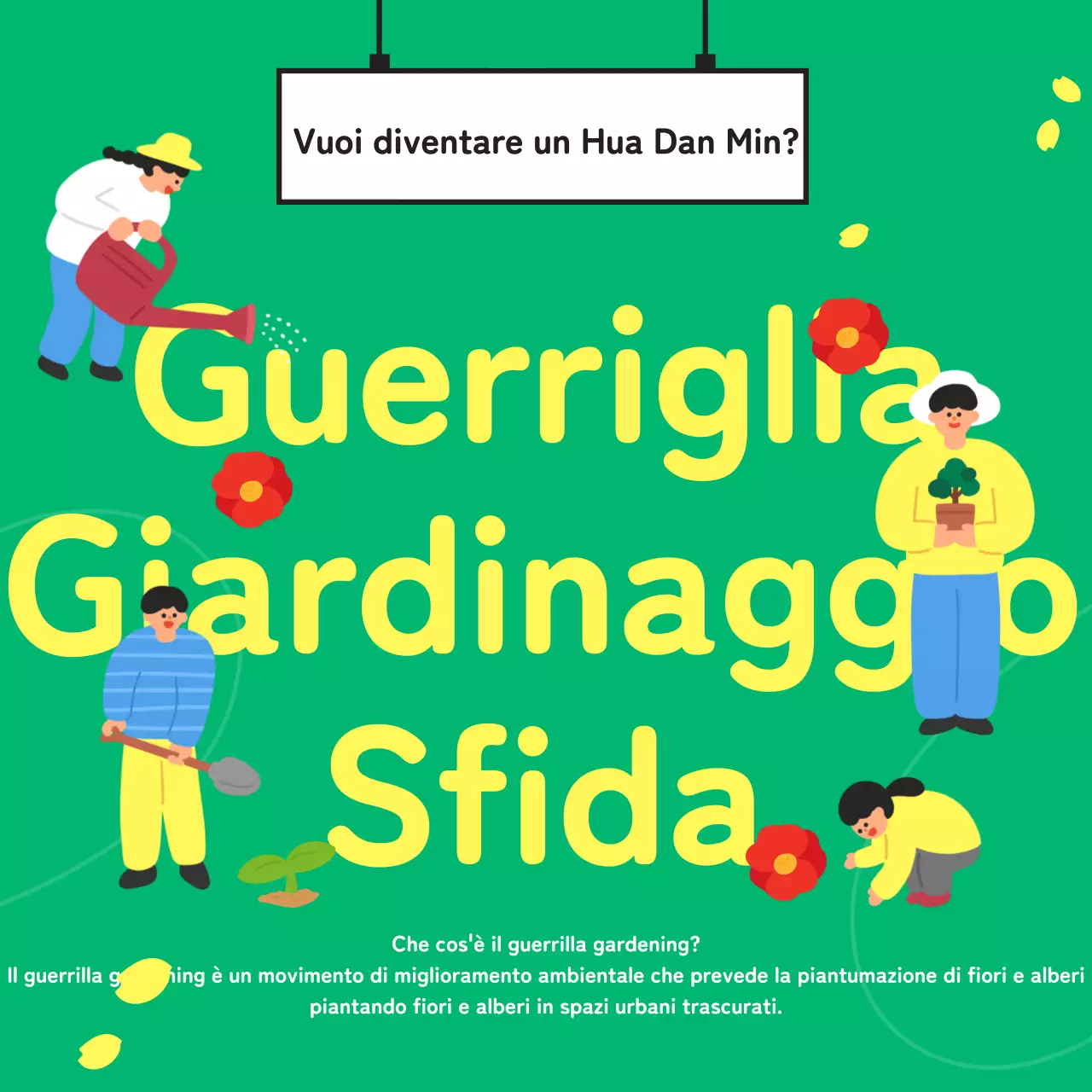 Sfida di guerrilla gardening con un concetto simpatico, verde e illustrato per migliorare l'ambiente