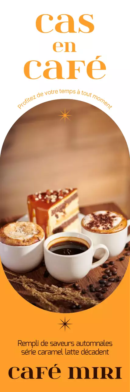 Carte des boissons saisonnières d'automne avec un fond jaune chaud, des photos de café d'automne et une police de caractères anglaise.