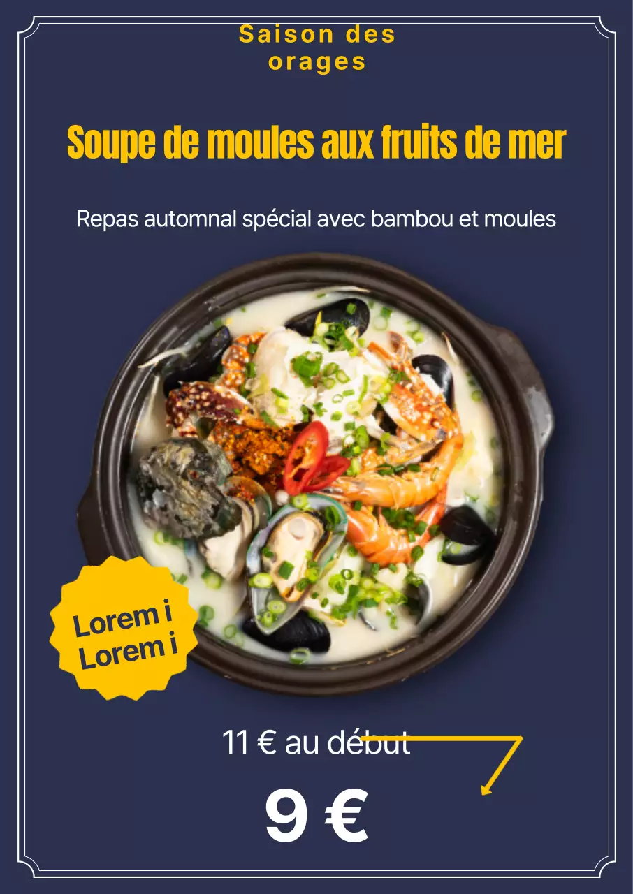 Soupe de moules Mise en page épurée des photos et du texte, avec des accents jaunes et des plats saisonniers d'automne Restauration