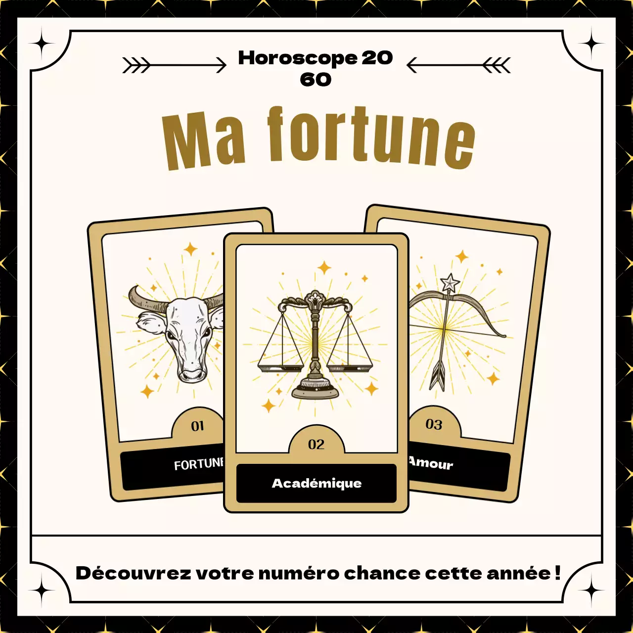 Horoscope de la nouvelle année, vue de la carte de tarot beige et dorée, illustration en ligne, concept