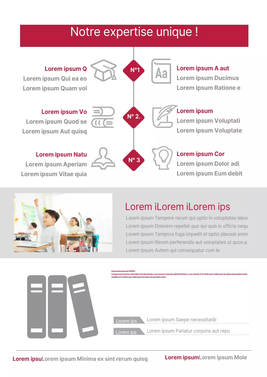 Faites la promotion de votre école d'anglais avec des icônes et des photos rouges et grises.