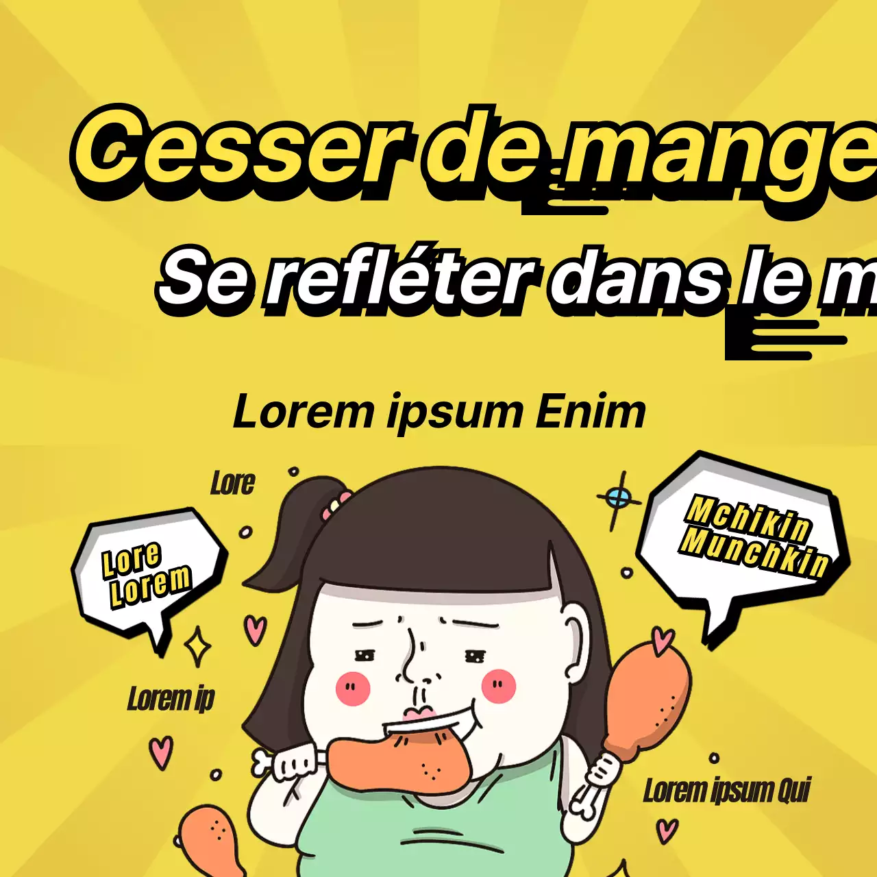 Une image promotionnelle propre, jaune et noire, d'un personnage motivé par un régime alimentaire.