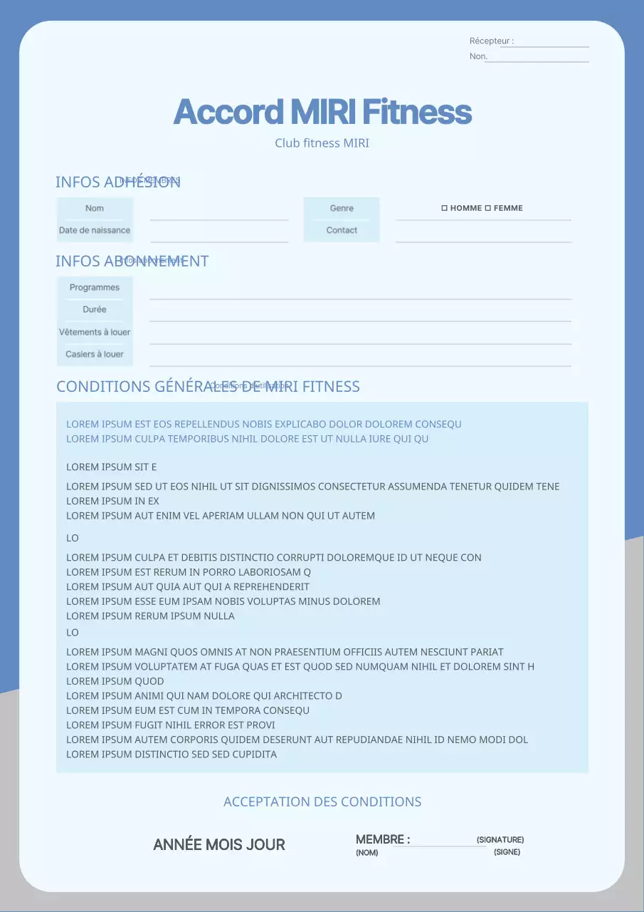Modèle de contrat de fitness en bleu et gris