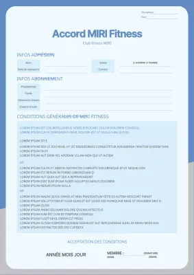Modèle de contrat de fitness en bleu et gris