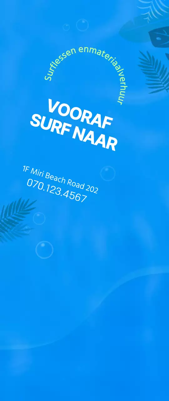 Eenvoudige oceaanillustratie in blauw en chartreuse voor informatie en promotie over surfen