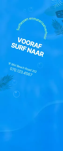 Eenvoudige oceaanillustratie in blauw en chartreuse voor informatie en promotie over surfen