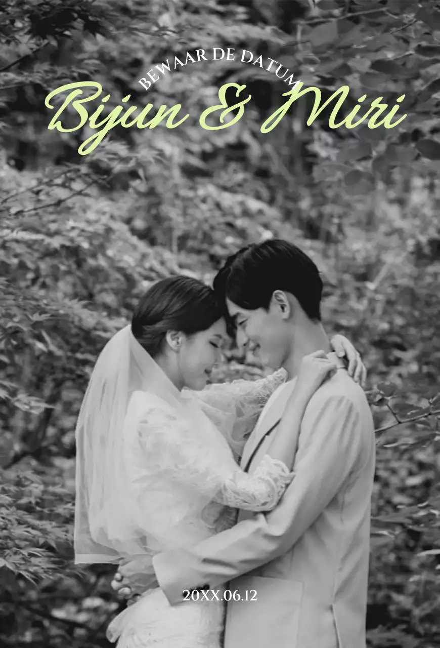 Bruiloft uitnodiging in zwart en wit met groene accenten