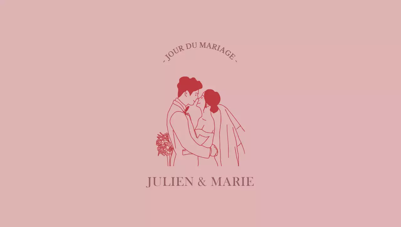 Une enveloppe classique avec une illustration de mariés rouges et un texte sur le mariage.