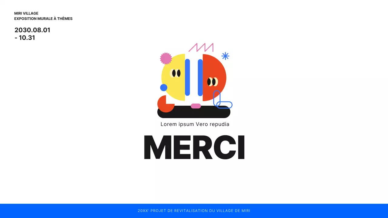 Planification d'une exposition de peintures murales illustrées en blanc, bleu et vert