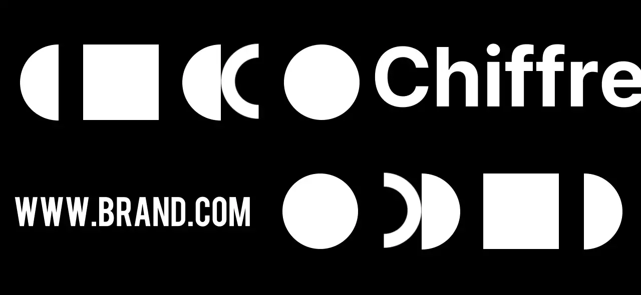 Une conception simple en noir et blanc avec des illustrations de formes et un logo de marque.