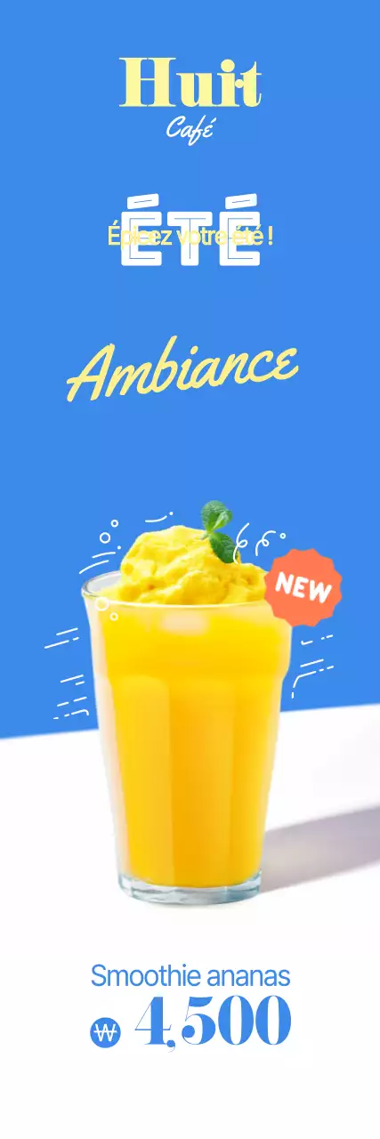 Bannière promotionnelle pour un café, facile à lire, avec texte et illustrations photographiques de boissons estivales pour un café otto, dans des couleurs fraîches.