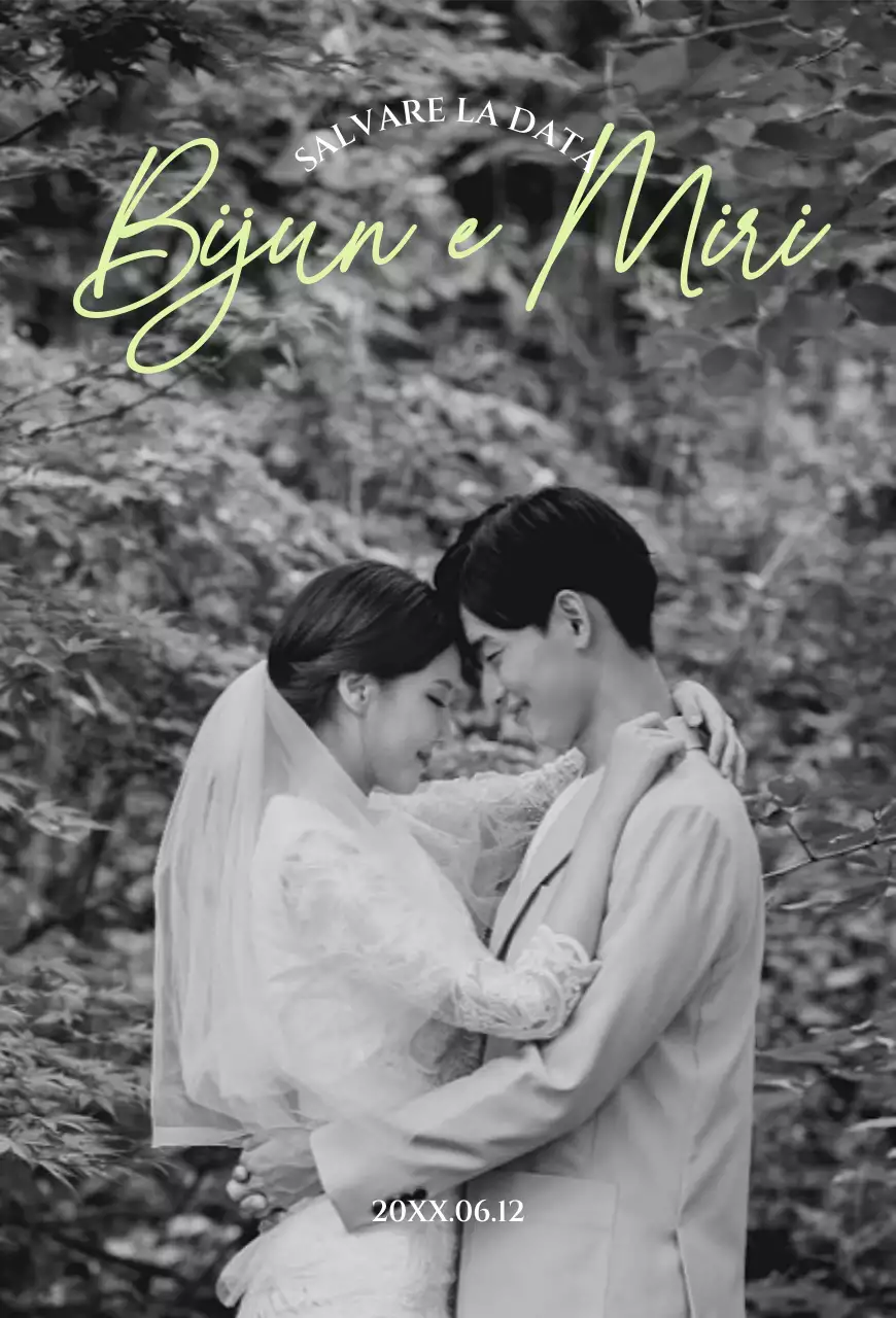 Partecipazione di nozze in bianco e nero con accenti verdi