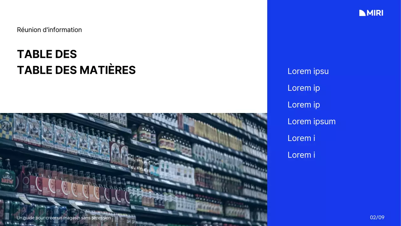 Guide pour la création d'un centre commercial avec une palette de couleurs et une grille blanche, bleue et noire