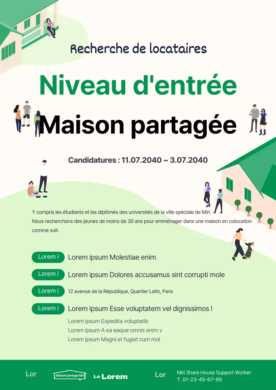 Affiche web sur les maisons partagées pour les demandeurs d'emploi avec illustration verte