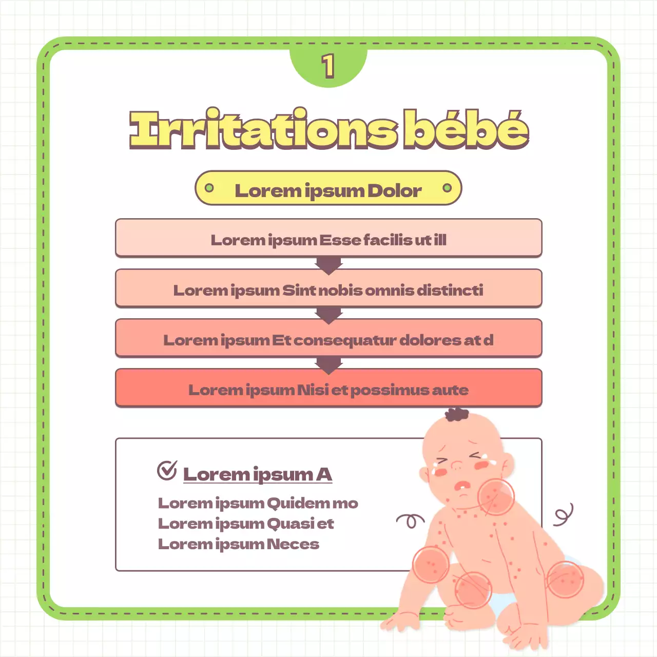 Conseils pour prévenir les irritations du bébé et recommandations pour les articles parentaux, illustrés en vert clair et en jaune.