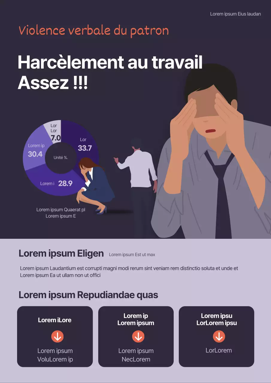 Illustration d'une campagne contre le harcèlement sur le lieu de travail en violet foncé.