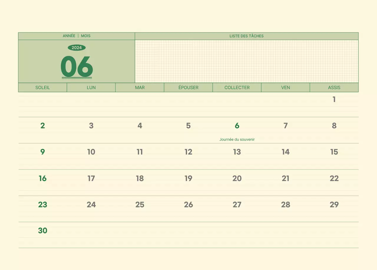 Calendrier mural SAT D-day notepad concept en vert et jaune clair