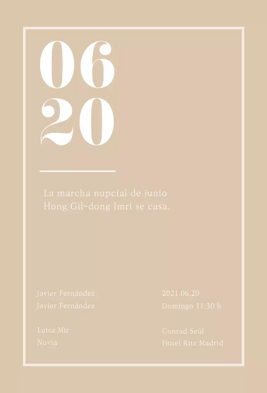 Invitación de boda postal vertical con tonos beige y aspecto limpio