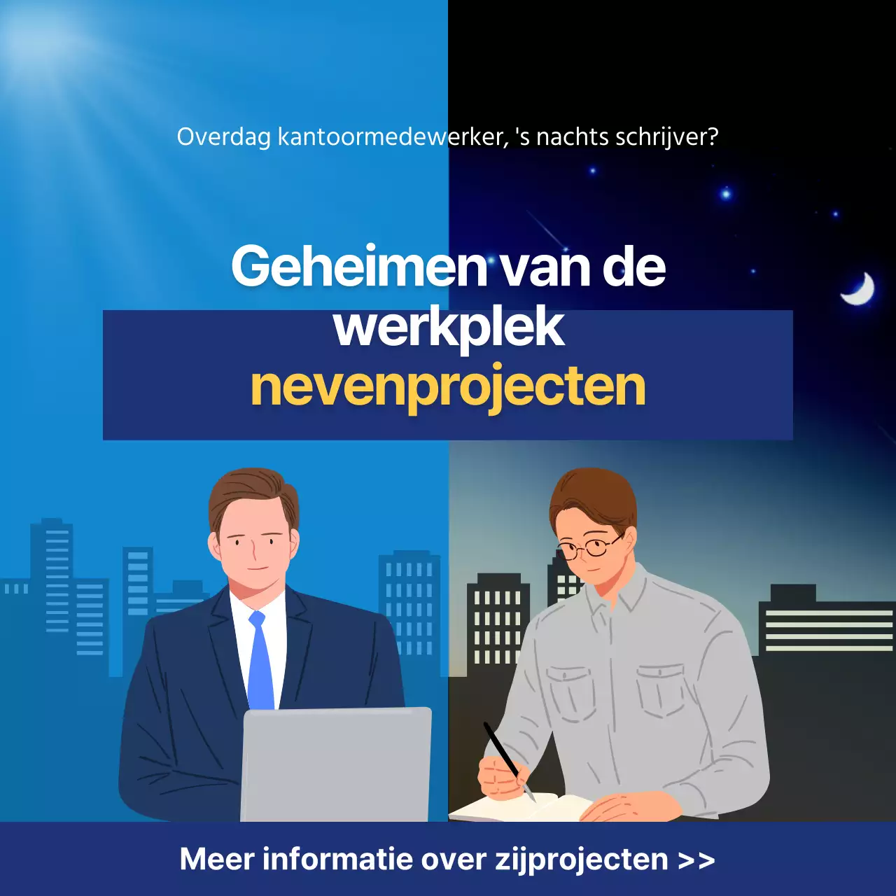 blauwe illustratie concept kantoormedewerker side project cardnews