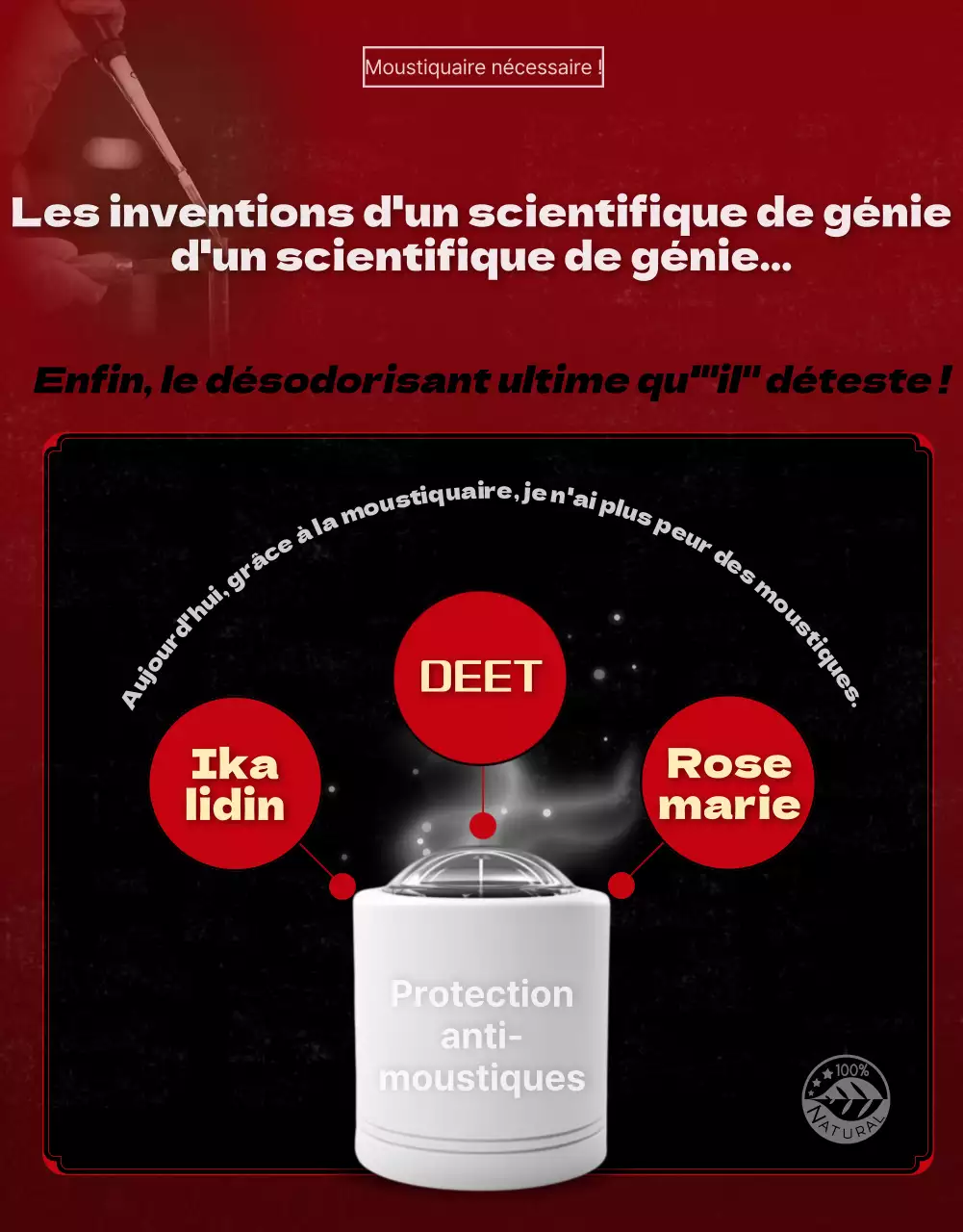 Promouvoir un produit anti-moustiques avec une affiche de film catastrophe en noir et rouge.