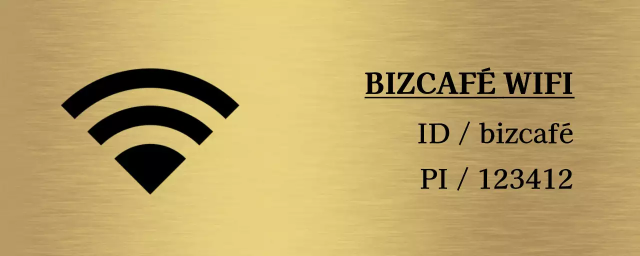 Signalétique simple avec des informations en noir sur l'emplacement du magasin, le wifi et des icônes simples.