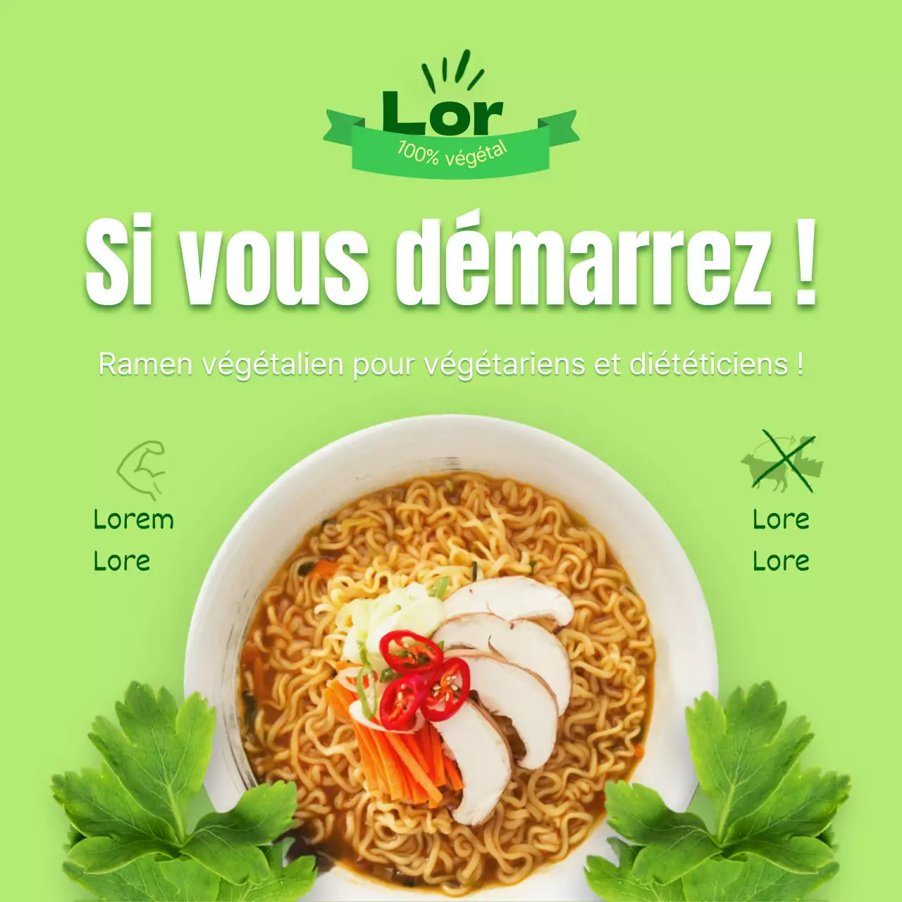 Annonce du lancement de nouilles végétaliennes propres sur fond vert lime