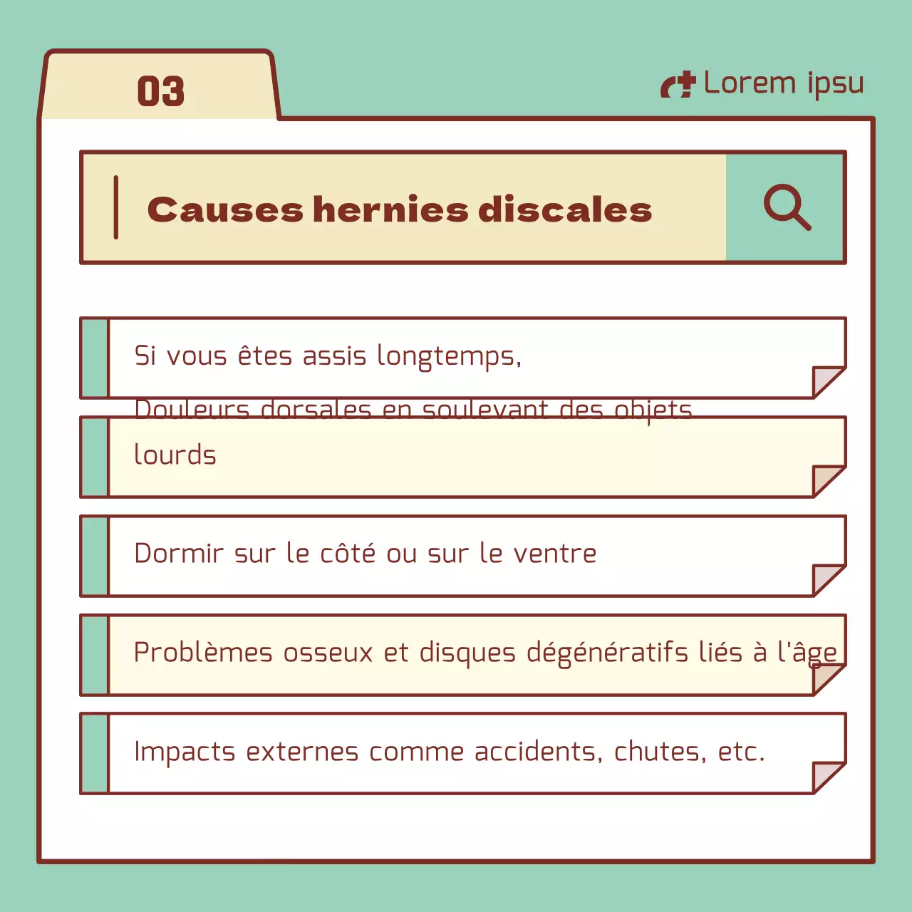 Informations sur les disques lombaires avec des éléments de la barre de recherche de couleur menthe et beige