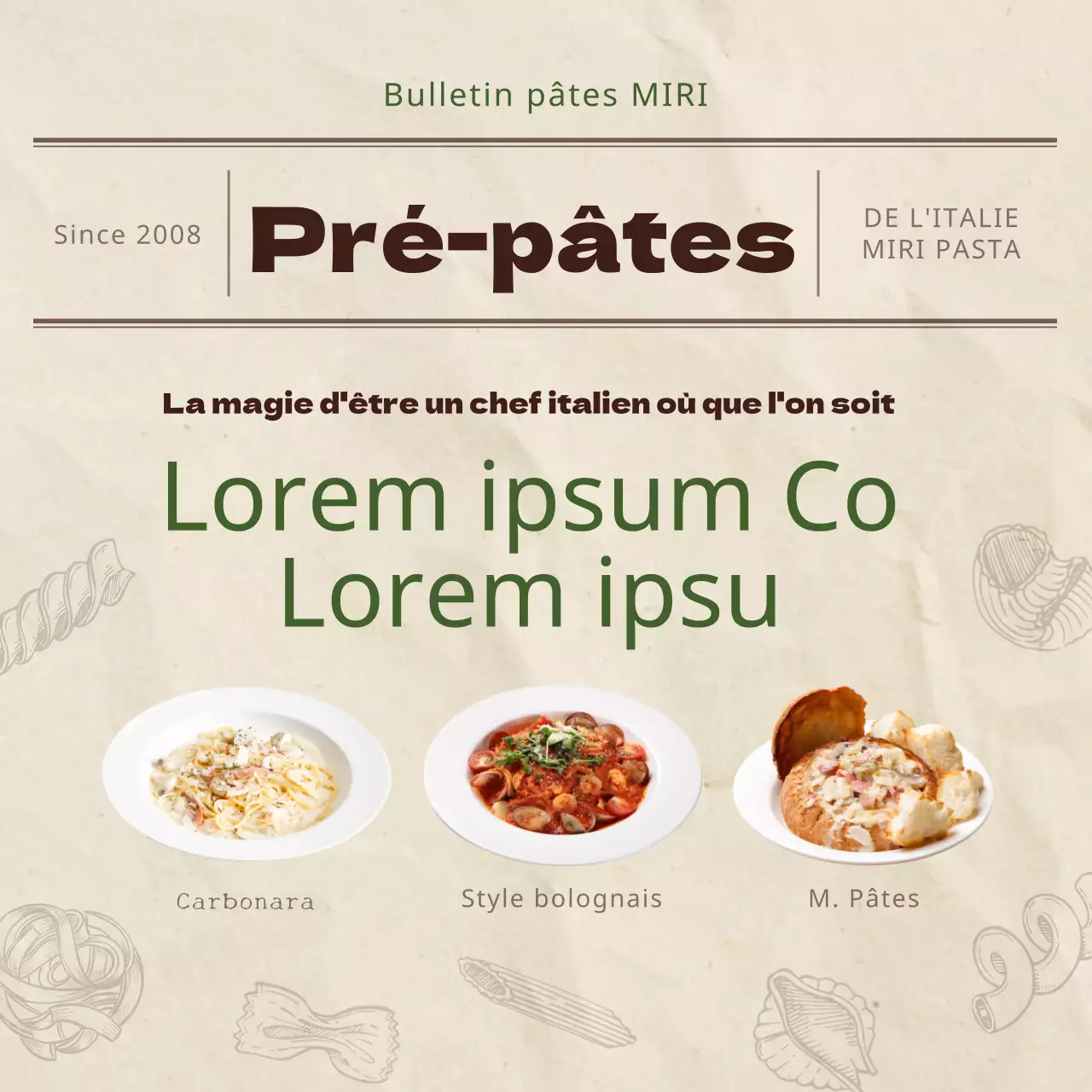 Promotion du nouveau menu du kit repas de pâtes dans un style beige et vintage
