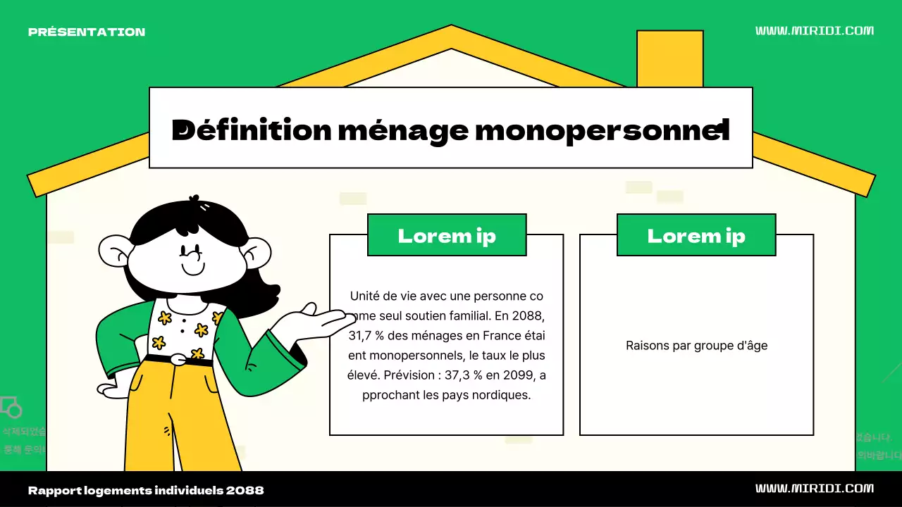 Voici le thème de l'illustration d'une jolie maison verte et jaune pour une personne.