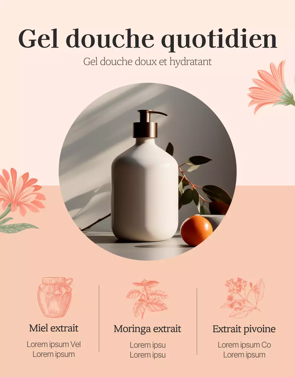 Promouvoir un gel douche avec une illustration de fleur rose