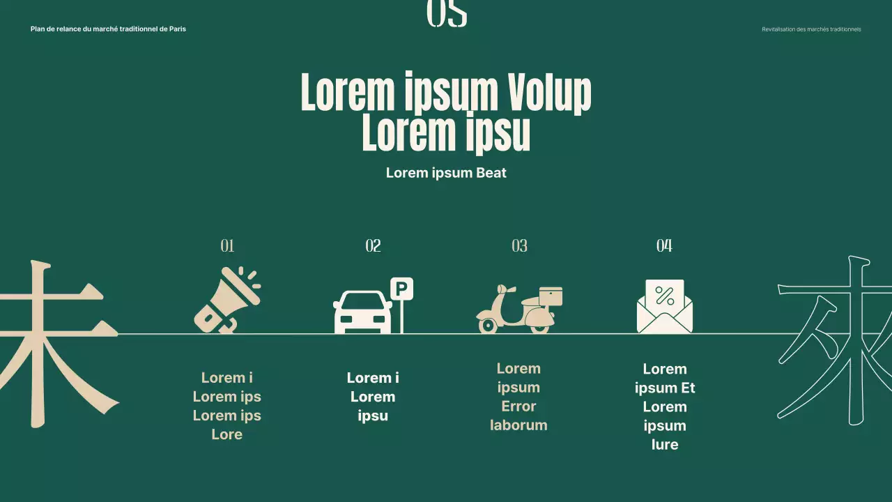 Plan de revitalisation des marchés traditionnels à l'aide d'objets et de typographies vertes et beiges