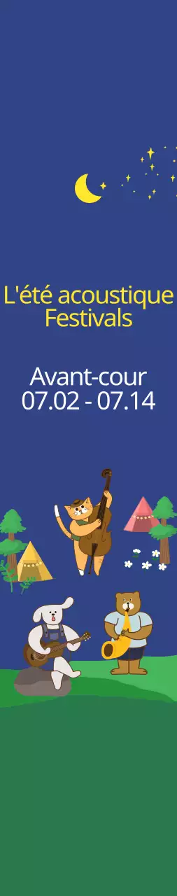 Illustration mignonne en bleu marine foncé et jaune pour l'information et la promotion des festivals acoustiques d'été.