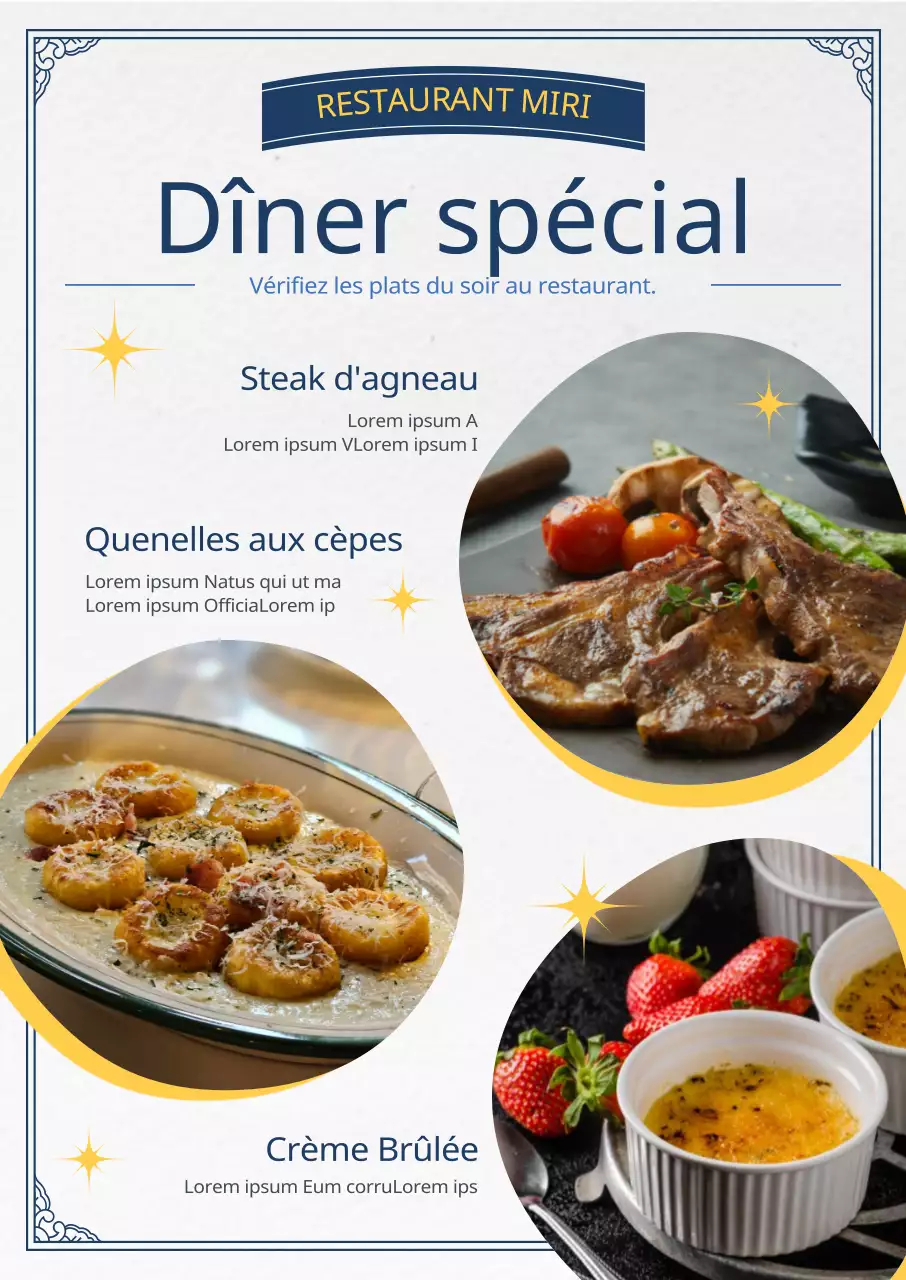 Menus spéciaux pour le dîner avec des graphiques de classe et de tendance et des photos de menu stylisées